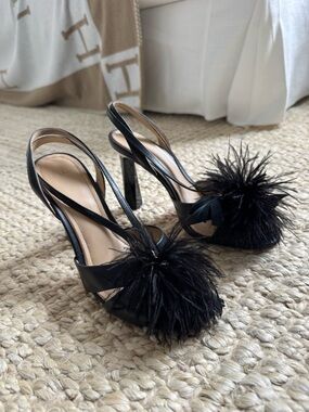 Black Feather Pom Slingback Heels - Women brand: And Daughters (Dillard’s) Sz 7